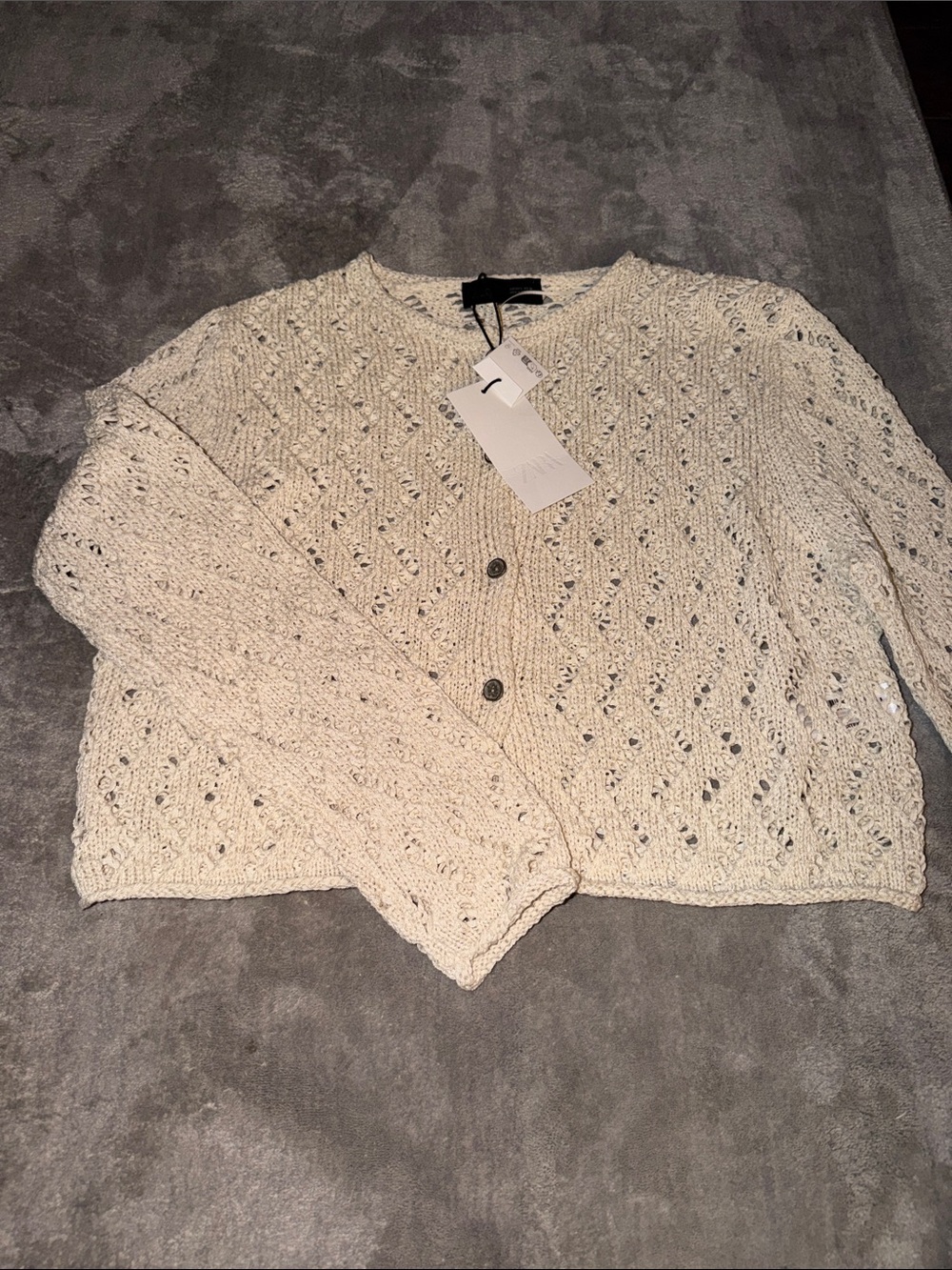 Zara Cream Open-Weave Button Front Cardigan